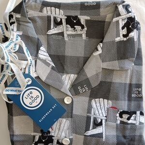 Life Is Good Gray Plaid Shirt with Black and White Dog Design